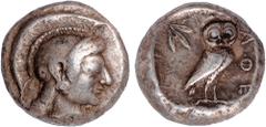 Ancient Coins, Greek, Attica, Athens (c.510-500 BC), AR tetradrachm, head of Athena r., in archaic style, full plume visible, rev. AΘE, owl standing r., olive leaf to l., crescent to r., wt. 17.1gms. 