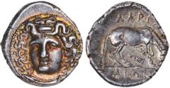 Ancient Coins, Greek, Thessaly, Larissa (mid to late 4th century BC), silver drachm, head of nymph Larissa facing, slightly inclined to the l., wearing an ampyx, pendant earring and necklace, rev. ΛAP