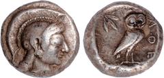 Ancient Coins, Attica, Athens (c. 510-500 BC), silver tetradrachm, head of Athena r., in archaic style, full plume visible, rev. AΘE, owl stg. r., olive leaf to left, crescent to right, wt. 17.1gms. (