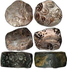 Ancient Coins Ancient Coins, Ancient India, pre Mauryan, Taxila silver Shatamana punchmarked bar (11.13g), silver 1/8 Shatamana (2.64g), Kosala silver punchmarked (2.91g), Kashi silver punchmarked (3.