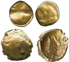 British Coins British Coins, Celtic coinage, Regini, gold ¼ stater, c. 65-45 BC, weak 'boat' design, two or three figures standing, rev. raised line, other lines at sides, wt. 1.73gms. (S.39A; ABC.530