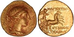 Ionia, Magnesia ad Maeandrum (155-145 BC), stater, Euphemos, son of Pausanias, magistrate, dr. bust of Artemis r., wearing stephane, and with bow and quiver over shoulder, rev. Nike, holding kentron a