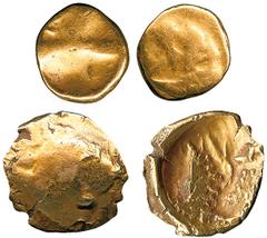 United Kingdom British Coins, Celtic coinage, Regini, gold ¼ stater, c. 65-45 BC, weak 'boat' design, two or three figures standing, rev. raised line, other lines at sides, wt. 1.73gms. (S.39A; ABC.53