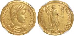 Ancient Coins, Valentinian I (AD 364-375), solidus, Antioch, DN VALENTINI-ANVS PF AVG, pearl diad., dr., cuir. bust r., rev. RESTITVTOR REIPVBLICAE, emperor stg. r., holding Victory on globe and labar