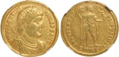 Ancient Coins, Valentinian I (AD 364-375), solidus, Nicomedia, DN VALENTINI-ANVS PF AVG, rosette diad., dr., cuir. bust r., rev. RESTITVTOR REIPVBLICAE, emperor stg. r. holding Victory on globe and la