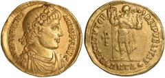 Ancient Coins, Valentinian I, solidus, Antioch, AD 364, rosette-diademed, draped, and cuirassed bust r., rev. RESTITVTOR REI PVBLICAE, Valentinian standing right, holding labarum with cross on banner 