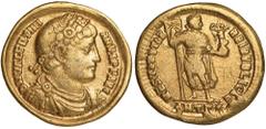 Ancient Coins, Valentinian I, solidus, Antioch, AD 364, rosette-diademed, draped, and cuirassed bust r., rev. RESTITVTOR REI PVBLICAE, Valentinian standing r., holding labarum with cross on banner and