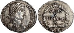Ancient Coins, Theodosius I (AD 379-395), heavy miliarensis, Trier, D N THEODO - SIVS P F AVG, dr., cuir., diad. bust r., rev. VOTIS/V/MVLTIS/X in laur. wreath, in ex. TRPS, wt. 5.22gms. (RIC.IX Trier