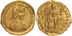 Ancient Coins, Roman Empire, Valentinian III, solidus, Ravenna, AD. 426-455, diad., dr. and cuir. bust r., rev. VICTORIA AVGGG, emperor stg. facing, r. foot on human-headed serpent, holding long cross