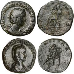 Ancient Coins, Roman, Herennia Etruscilla, wife of Trajan Decius (249-251), bronze sestertii (2), bust r., rev. Pudicitia seated l. (RIC.136b; RCV.9505), very fine and about very fine (2) (120-150 GBP