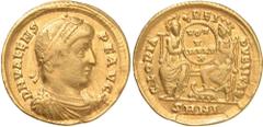 Ancient Coins, Roman, Valens (364-378), gold solidus, Nicomedia, DN VALENS P F AVG, diad., dr. and cuir. bust r., rev. GLORIA – REI – PVBLICAE, Roma and Constantinopolis holding shield inscribed VOT –