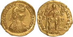Ancient Coins, Roman, Valentinian III (425-455), gold solidus, Ravenna, diad., dr. and cuir. bust r., rev. VICTORIA AVGGG, emperor stg. facing, r. foot on human-headed serpent, holding long cross and 