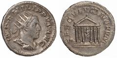 Ancient Coins Ancient Coins, Philip I (AD 144 – 249), antoninianus, struck c. AD 248, Rome, IMP PHILIPPVS AVG, rad., dr. and cuir. bust r., rev. SAECVLVM NOVVM, hexastyle temple, Roma seated within, w