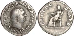 Ancient Coins The T. R. Hardaker Collection, Roman, Vitellius (AD 69), denarius, Rome, VITELLIVS GERM IMP AVG TR P, laur. head r., rev. CONCOR-DIA P R, Concordia with patera and double cornucopia, wt.