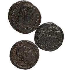 Ancient Coins Byzantine AEs (3): Constantius II (AD 337 – 340), diad. dr., and cuir. bust r., rev. two soldiers facing, holding shield and spear, standard between them (RIC. 96); another similar of Co
