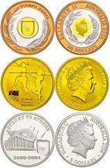 Australien Set zu 2x 5 und 1x 50 Dollars, XXVIII. Olympische Spiele in Athen, KM 727, 727 und 812, Schön 784 - 786, im Holzetui mit OVP und Zertifikat, Auflage nur 2.500 Stück, (50 Dollars mit 7,8g Fe