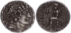 Seleukidien Tetradrachme (15,34g), Philippos I. Epiphanes Philadelphos, 93-83 v. Chr.. Av: Kopf nach rechts. Rev: Zeus nach links thronend, links Monogramm. SC 2461.6, schöne Patina, ss. ss Seleucid (