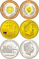 Australien Set zu 2x 5 und 1x 50 Dollars, XXVIII. Olympische Spiele in Athen, KM 727, 727 und 812, Schön 784 - 786, im Holzetui mit OVP und Zertifikat, Auflage nur 2.500 Stück, (50 Dollars mit 7,8g Fe