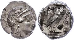 Attika Athen, Tetradrachme (17,12g), ca. 415 v. Chr. Av: Athenekopf mit attischem Helm nach rechts. Rev: Eule nach rechts, dahinter Ölzweig und Mondsichel, davor "AOE". Svoronos Pl. 13, Schrötlingsris