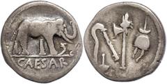 Münzen Römische Republik C. Julius Caesar, Denar (3,70g), 49/48 v. Chr. Av: Elefant nach rechts zertritt Schlange. Rev: Priestergeräte. Cr. 443/1, Albert 1373, kl. Punze auf Avers, Graffito auf Revers