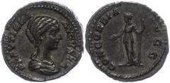 Ancient Coins Münzen Römische Kaiserzeit 202-205, Denar, Plautilla. Av: Büste nach rechts, darum Umschrift. Rev: Concordia nach links stehend, darum "CONCORDIA AVGG". 3,76g, RIC 364, ss. ss Coins Roma