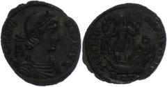 Ancient Coins Münzen Römische Kaiserzeit 337-350, Folles, Constans, Aquileja. Av: Büste nach rechts, darum Umschrift. Rev: Constans nach links auf Galeere stehend, Phönix auf Globus haltend und Labaru