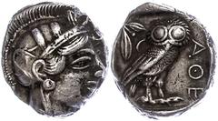 Ancient Coins Antike Münzen - Griechenland ca. 5. Jhd. v. Chr., Tetradrachme, Attika, Athen. Av: Athenakopf mit attischem Helm nach rechts. Rev: Eule nach rechts, dahinter Olivenzweig und Mondsichel. 