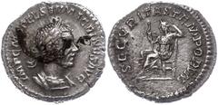 Ancient Coins Münzen Römische Kaiserzeit 217-218, Denar, Macrinus. Av: Büste nach rechts, darum Umschrift. Rev: Securitas nach links sitzend, darum "SECVRITAS TEMPORVM". 1,56g, Belag auf Avers, ss-vz.
