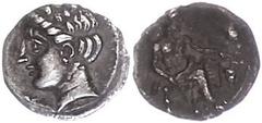 Ancient Coins Antike Münzen - Griechenland 4. Jhd. v. Chr., Obol, Kilikien. Av: Sitzender Baaltars nach rechts. Rev: Weiblicher Kopf mit Diadem (Apollo?). 0,60g, SNG Levante 222, ss. ss Ancient Greek 