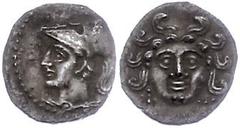 Ancient Coins Antike Münzen - Griechenland ca. 4. Jhd. v. Chr., Obol, Kilikien. Av: Gorgonenkopf von vorn. Rev: Athenakopf nach links. 0,66g, SNG Levante 248, f. vz. Ancient Greek coins Approximate. 4