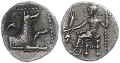 Ancient Coins Antike Münzen - Griechenland ca. 4. Jhd. v. Chr., Obol, Kilikien. Av: Thronender Baal nach links, im Feld links Weinrebe. Rev: Wolfsprotome. 0,66g, SNG Levante 223, ss. ss Ancient Greek 