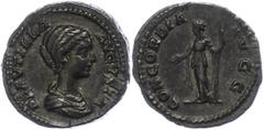 Ancient Coins Münzen Römische Kaiserzeit 202-205, Denar, Plautilla. Av: Büste nach rechts, darum Umschrift. Rev: Concordia nach links stehend, darum "CONCORDIA AVGG". 3,76g, RIC 364, ss. ss Coins Roma