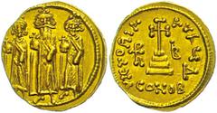 Ancient Coins Münzen Byzanz 610-641, Solidus, Heraclius, Konstantinopel. Av: Heraclonas, Heraclius und Heraclius Constantin frontal stehend. Rev: Krückenkreuz auf drei Stufen, links und rechts ein Mon