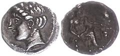 Ancient Coins Antike Münzen - Griechenland 4. Jhd. v. Chr., Obol, Kilikien. Av: Sitzender Baaltars nach rechts. Rev: Weiblicher Kopf mit Diadem (Apollo?). 0,60g, SNG Levante 222, ss. ss Ancient Greek 