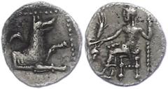 Ancient Coins Antike Münzen - Griechenland ca. 4. Jhd. v. Chr., Obol, Kilikien. Av: Thronender Baal nach links, im Feld links Weinrebe. Rev: Wolfsprotome. 0,66g, SNG Levante 223, ss. ss Ancient Greek 