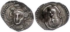 Ancient Coins Antike Münzen - Griechenland 333-323 v. Chr., Obol, Kilikien, Tasos. Av: Frontalbüste der Athena mit attischem Helm. Rev: Blitz auf ovalem Schild. 0,74g, SNG Levante 119, ss. ss Ancient 