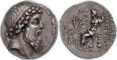 Ancient Coins Antike Münzen - Griechenland 129-126/125 v. Chr., Tetradrachme, Demetrius II., Syrien, Tarsus. Av: Kopf nach rechts. Rev: Thronender Zeus nach links. 16,27g, SC 2157.1, tiefer Kratzer au
