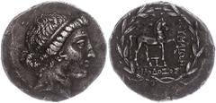 Ancient Coins Antike Münzen - Griechenland ca. 2. Jhd. v. Chr., Tetradrachme, Kyme. Av: Kopf der Amazone Kyme nach rechts. Rev: Pferd nach rechts stehend, zwischen den Läufen Skyphos, darum Lorbeerkra