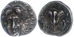 Ancient Coins Antike Münzen - Griechenland Rhodos, Caria, Didrachme(6,37g), 3.-4. Jhd. v. Chr., Helioskopf fast von vorn. Rev: Rose. ss. ss Ancient Greek coins Rhodes, Caria, didrachm (6.37g), 3.-4. J