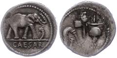Ancient Coins Münzen Römische Republik C. Iulius Caesar, Denar (3,88g), 49-48 v. Chr.,Heeresmünzstätte. Av: Culullus, Aspergillum, Securis und Apex-Mütze. Rev: Elefant nach rechts einen Drachen nieder