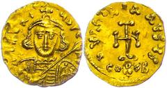 Ancient Coins Münzen Byzanz Tiberius III., 698-705, Tremissis (1,39g), Konstantinopel. Av: Büste mit Schild und Speer von vorn, darum Umschrift. Rev: Kreuz, darum Umschrift. Sear 1363, Prägeschwäche a
