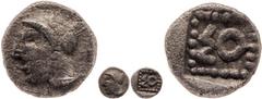 Ancient Coins Antike Münzen - Griechenland Kilikien, Soloi, Hemiobol (0,31g), ca. 4. Jhd. v. Chr. Av: Behelmter Kopf nach links. Rev: Im Perlquadrat "SO". SNG Levante -, SNG France -, ss. ss Ancient G