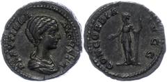 Ancient Coins Münzen Römische Kaiserzeit Plautilla, 202-205, Denar (3,76g). Av: Büste nach rechts, darum Umschrift. Rev: Concordia nach links stehend, darum "CONCORDIA AVGG". RIC 364, ss. ss Coins Rom