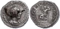 Ancient Coins Münzen Römische Kaiserzeit Macrinus, 217-218, Denar (1,56g). Av: Büste nach rechts, darum Umschrift. Rev: Securitas nach links sitzend, darum "SECVRITAS TEMPORVM". Belag auf Avers, ss-vz