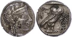 Ancient Coins Attika Athen, Tetradrachme (15,18g), ca. 5. Jhd. v. Chr. (subärate Prägung). Av: Athenekopf mit attischem Helm nach rechts. Rev: Eule nach rechts, dahinter Ölzweig und Mondsicherl, davor