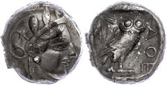 Ancient Coins Attika Athen, Tetradrachme (17,21g), ca. 429 v. Chr. Av: Athenekopf mit attischem Helm nach rechts. Rev: Eule nach rechts, dahinter Ölzweig und Mondsicherl, davor "AOE". Svoronos Pl. 11,