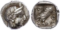 Ancient Coins Attika Athen, Tetradrachme (17,12g), ca. 415 v. Chr. Av: Athenekopf mit attischem Helm nach rechts. Rev: Eule nach rechts, dahinter Ölzweig und Mondsichel, davor "AOE". Svoronos Pl. 13, 