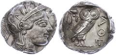Ancient Coins Attika Athen, Tetradrachme (17,13g), ca. 415 v. Chr. Av: Athenekopf mit attischem Helm nach rechts. Rev: Eule nach rechts, dahinter Ölzweig und Mondsichel, davor "AOE". Svoronos Pl. 13, 