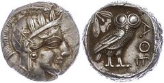 Ancient Coins Attika Athen, Tetradrachme (17,19g), ca. 415 v. Chr. Av: Athenekopf mit attischem Helm nach rechts. Rev: Eule nach rechts, dahinter Ölzweig und Mondsichel, davor "AOE". Svoronos Pl. 13, 