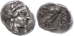 Ancient Coins Attika Athen, Tetradrachme (17,16g), ca. 403-365 v. Chr. Av: Athenekopf mit attischem Helm nach rechts. Rev: Eule nach rechts, dahinter Ölzweig und Mondsichel, davor "AOE". Svoronos Pl. 